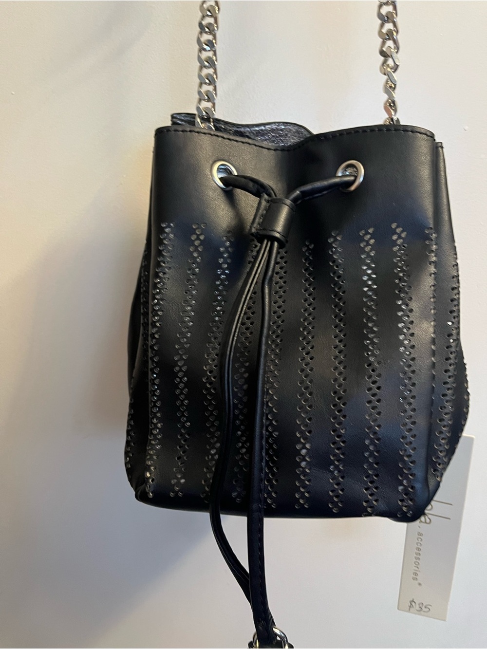 lola Black Drawstring Crossbody with Chain Strap w dust bag - Picture 2 of 7